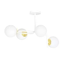 Lampada a Soffitto 4 Luci Kalf Acciaio Bianco A Bracci Curvi E Sfere Vetro Opalino E Oro