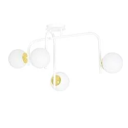 Lampada a Soffitto 4 Luci Kalf In Acciaio Bianco A Bracci E Sfere In Vetro Opalino E Oro