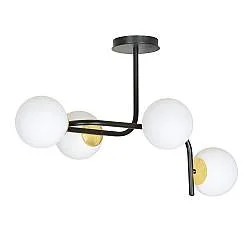 Lampada a Soffitto 4 Luci Kalf Acciaio Nero A Bracci Curvi E Sfere Vetro Opalino E Oro