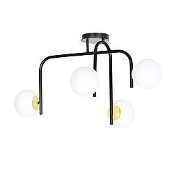 Lampada a Soffitto 4 Luci Kalf In Acciaio Nero A Bracci E Sfere In Vetro Opalino E Oro
