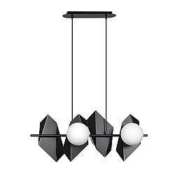 Lampadario 4 Luci Moderno Sharada Acciaio Nero E Sfere Vetro Opalino