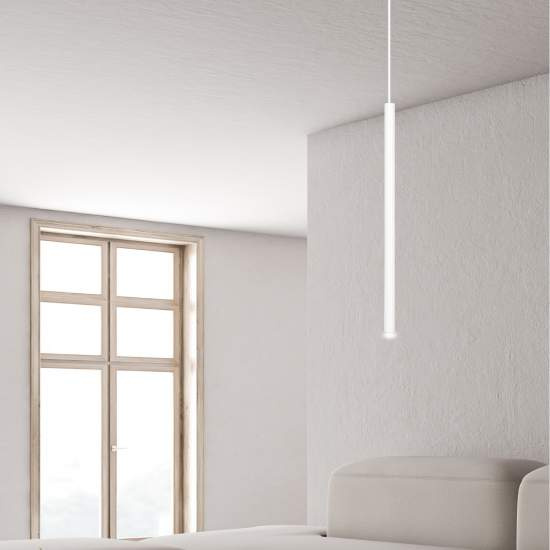 Lampadario 1 Luce Moderno Shu Acciaio Bianco E Paralume A Cilindro Sottile LA0137-EB-1-BI