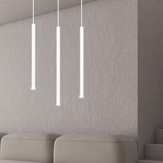 Lampadario 3 Luci Moderno Shu Acciaio Bianco E Paralumi A Cilindri Sottili LA0137-EB-3-BI