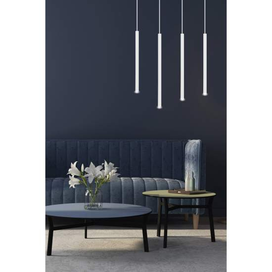 Lampadario 4 Luci Moderno Shu Acciaio Bianco E Paralumi A Cilindri Sottili LA0137-EB-4-BI