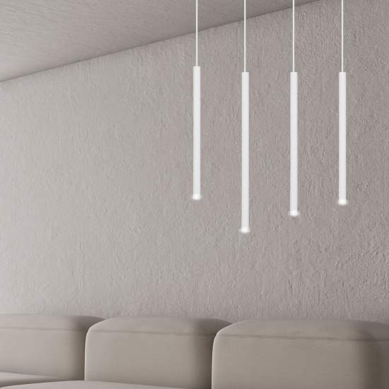 Lampadario 4 Luci Moderno Shu Acciaio Bianco E Paralumi A Cilindri Sottili LA0137-EB-4-BI