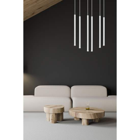 Lampadario 6 Luci Moderno Shu Acciaio Bianco E Paralumi A Cilindri Sottili LA0137-EB-6-BI