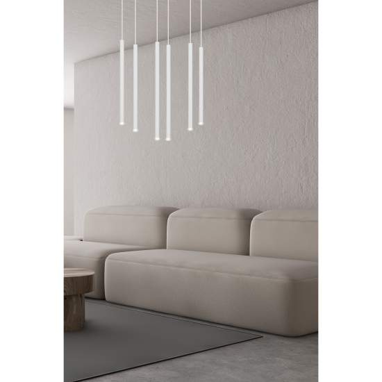 Lampadario 6 Luci Moderno Shu Acciaio Bianco E Paralumi A Cilindri Sottili LA0137-EB-6-BI