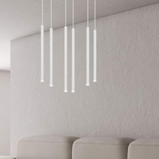 Lampadario 6 Luci Moderno Shu Acciaio Bianco E Paralumi A Cilindri Sottili LA0137-EB-6-BI