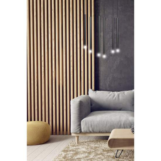 Lampadario 6 Luci Moderno Shu Acciaio Nero E Paralumi A Cilindri Sottili LA0137-EB-6-NR