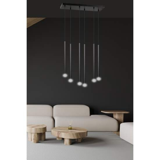Lampadario 6 Luci Moderno Shu Acciaio Nero E Paralumi A Cilindri Sottili LA0137-EB-6-NR