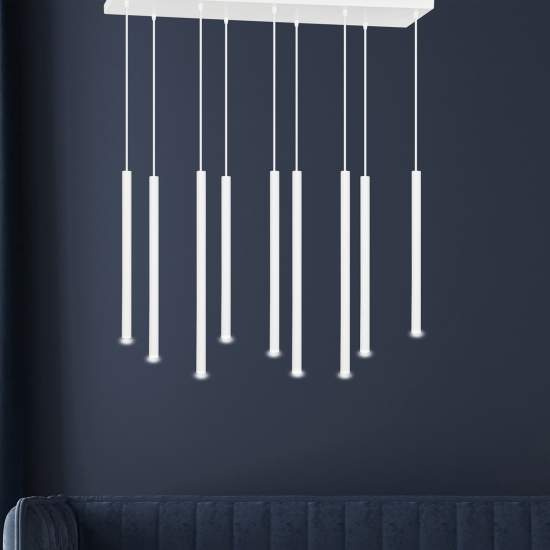 Lampadario 9 Luci Moderno Shu Acciaio Bianco E Paralumi A Cilindri Sottili LA0137-EB-9-BI