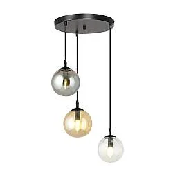 Sospensione 3 Luci Okami Acciaio Nero Base Tonda E Sfere In Vetro Multicolor