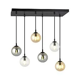 Sospensione Moderna 6 Luci Yudi Acciaio Nero E Sfere In Vetro Multicolor