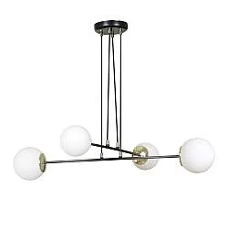 Lampadario Moderno 4 Luci Nu Kua Acciaio Nero Oro Vetro Sfera Opale