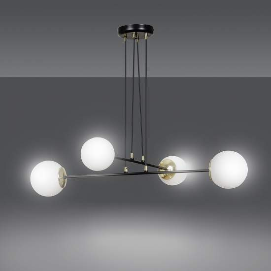 Lampadario Moderno 4 Luci Tsukuyomi In Acciaio Nero E Oro E Vetro A Sfera Opale LA0141-EB-4-NR