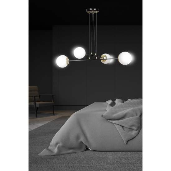 Lampadario Moderno 4 Luci Tsukuyomi In Acciaio Nero E Oro E Vetro A Sfera Opale LA0141-EB-4-NR
