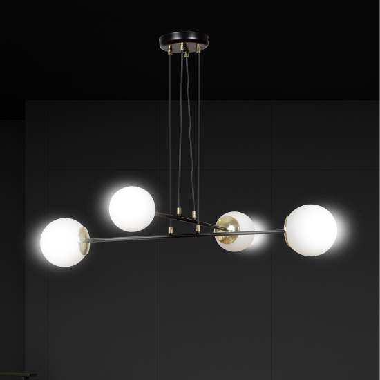 Lampadario Moderno 4 Luci Tsukuyomi In Acciaio Nero E Oro E Vetro A Sfera Opale LA0141-EB-4-NR