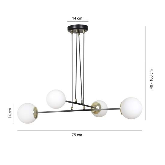 Lampadario Moderno 4 Luci Tsukuyomi In Acciaio Nero E Oro E Vetro A Sfera Opale LA0141-EB-4-NR