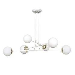 Lampadario Moderno 6 Luci Nu Kua Acciaio Bianco Oro Vetro Sfera Opale