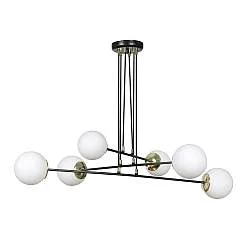 Lampadario Moderno 6 Luci Nu Kua Acciaio Nero Oro Vetro Sfera Opale