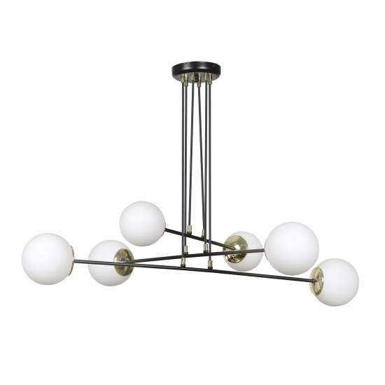 Lampadario Moderno 6 Luci Tsukuyomi In Acciaio Nero E Oro E Vetro A Sfera Opale LA0141-EB-6-NR