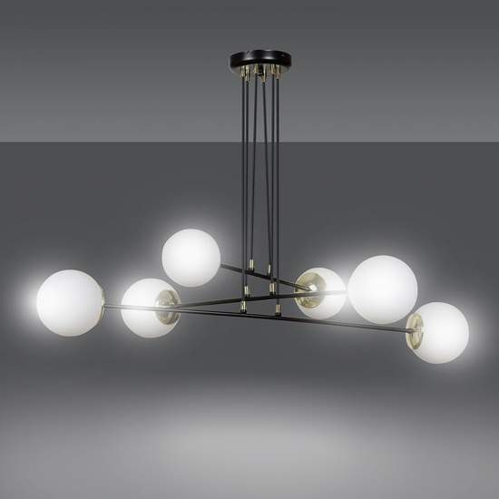 Lampadario Moderno 6 Luci Tsukuyomi In Acciaio Nero E Oro E Vetro A Sfera Opale LA0141-EB-6-NR