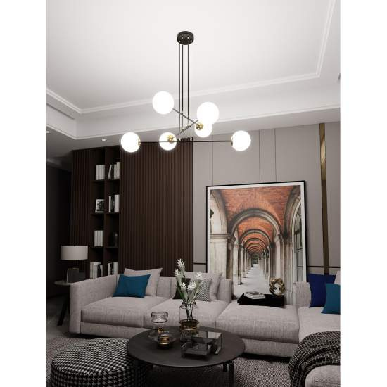 Lampadario Moderno 6 Luci Tsukuyomi In Acciaio Nero E Oro E Vetro A Sfera Opale LA0141-EB-6-NR