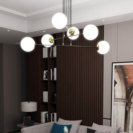 Lampadario Moderno 6 Luci Tsukuyomi In Acciaio Nero E Oro E Vetro A Sfera Opale LA0141-EB-6-NR