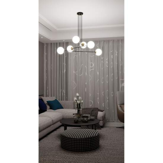 Lampadario Moderno 6 Luci Tsukuyomi In Acciaio Nero E Oro E Vetro A Sfera Opale LA0141-EB-6-NR