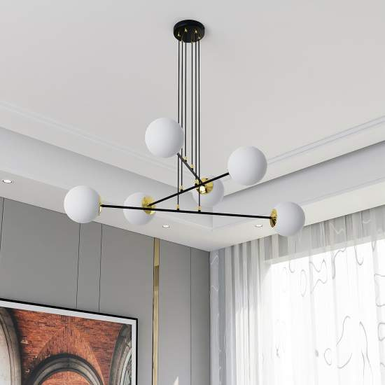 Lampadario Moderno 6 Luci Tsukuyomi In Acciaio Nero E Oro E Vetro A Sfera Opale LA0141-EB-6-NR