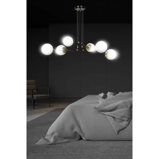 Lampadario Moderno 6 Luci Tsukuyomi In Acciaio Nero E Oro E Vetro A Sfera Opale LA0141-EB-6-NR