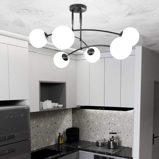 Plafoniera Moderna 6 Luci Susanoo In Acciaio Nero E Vetri A Sfera In Bianco LA0142-EB-PL6-NR