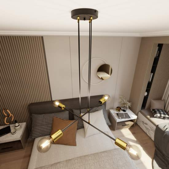 Lampadario Industrial 4 Luci Benzaiten A Bracci In Acciaio Nero E Oro LA0148-EB-4-NR