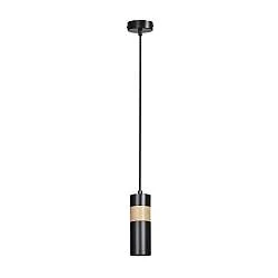 Sospensione 1 Luce Henge In Acciaio Nero A Cilindro Con Legno Naturale