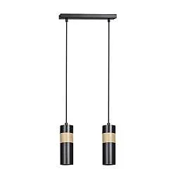 Lampadario 2 Luci Henge In Acciaio Nero A Cilindro Con Legno Naturale
