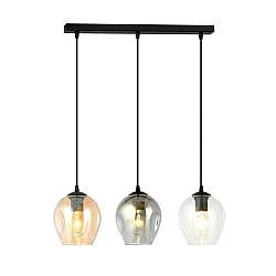 Lampadario 3 Luci Paoxi In Acciaio Nero E Vetri Ambra, Trasparente E Fumè