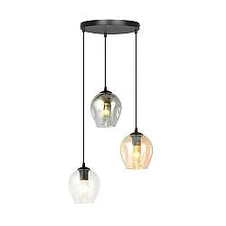 Lampadario 3 Luci Paoxi Base Tonda Acciaio Nero E Vetri Ambra Trasparente E Fumè