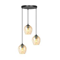 Lampadario 3 Luci Paoxi Base Tonda In Acciaio Nero E Vetri Ambra