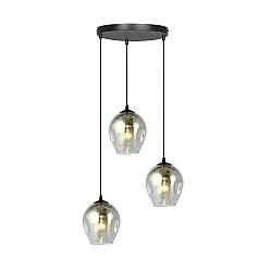 Lampadario 3 Luci Paoxi Base Tonda In Acciaio Nero E Vetri Fumè