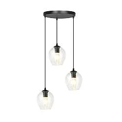 Lampadario 3 Luci Paoxi Base Tonda In Acciaio Nero E Vetri Trasparente