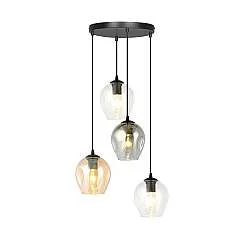 Lampadario 4 Luci Paoxi Base Tonda Acciaio Nero E Vetri Ambra Trasparente E Fumè