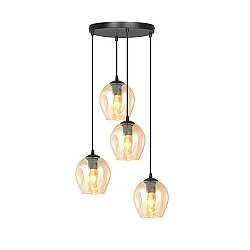 Lampadario 4 Luci Paoxi Base Tonda In Acciaio Nero E Vetri Ambra