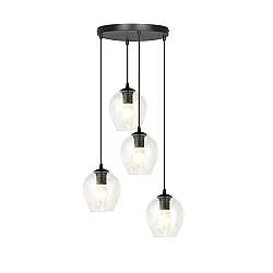 Lampadario 4 Luci Paoxi Base Tonda In Acciaio Nero E Vetri Trasparente
