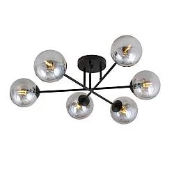Plafoniera 6 Luci Brandi In Acciaio Nero A Bracci E Sfere In Vetro Fumè