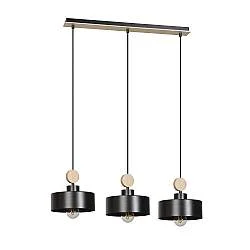 Lampadario 3 Luci Nered In Acciaio Nero E Paralumi Con Legno Naturale