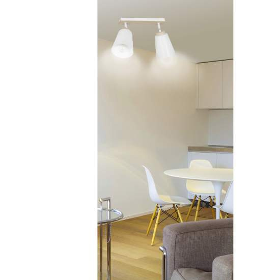 Plafoniera Spot Faretti Orientabili 2 Luci Xiwangmu Acciaio Bianco E Legno Naturale LA0162-EB-PL2-BI