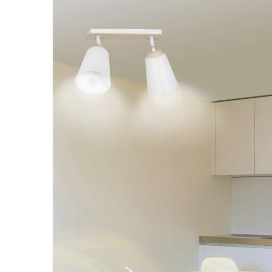 Plafoniera Spot Faretti Orientabili 2 Luci Xiwangmu Acciaio Bianco E Legno Naturale LA0162-EB-PL2-BI