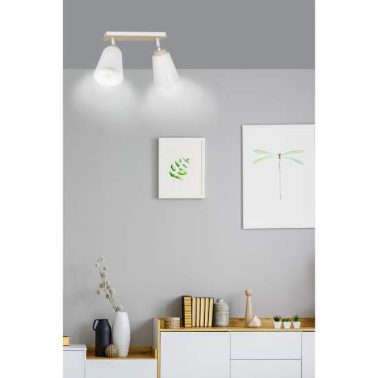 Plafoniera Spot Faretti Orientabili 2 Luci Xiwangmu Acciaio Bianco E Legno Naturale LA0162-EB-PL2-BI