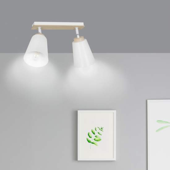 Plafoniera Spot Faretti Orientabili 2 Luci Xiwangmu Acciaio Bianco E Legno Naturale LA0162-EB-PL2-BI