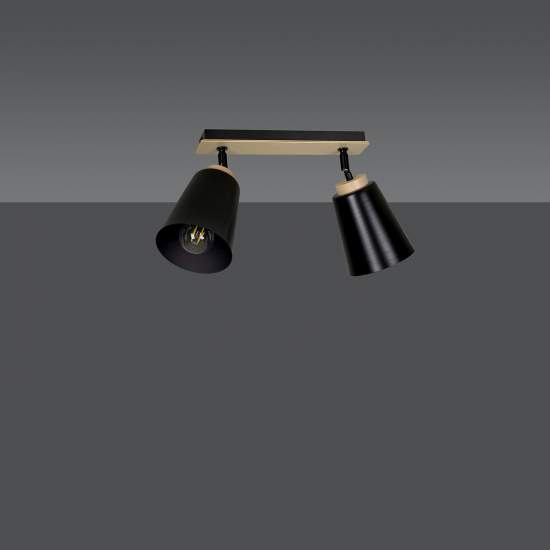 Plafoniera Faretti Spot Orientabili 2 Luci Xiwangmu Acciaio Nero E Legno Naturale LA0162-EB-PL2-NR